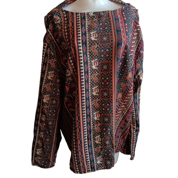 1OF1 XXL Vintage Multicolor Bohemian Geometric Print Long Sleeve Blouse handmade - Picture 1 of 6